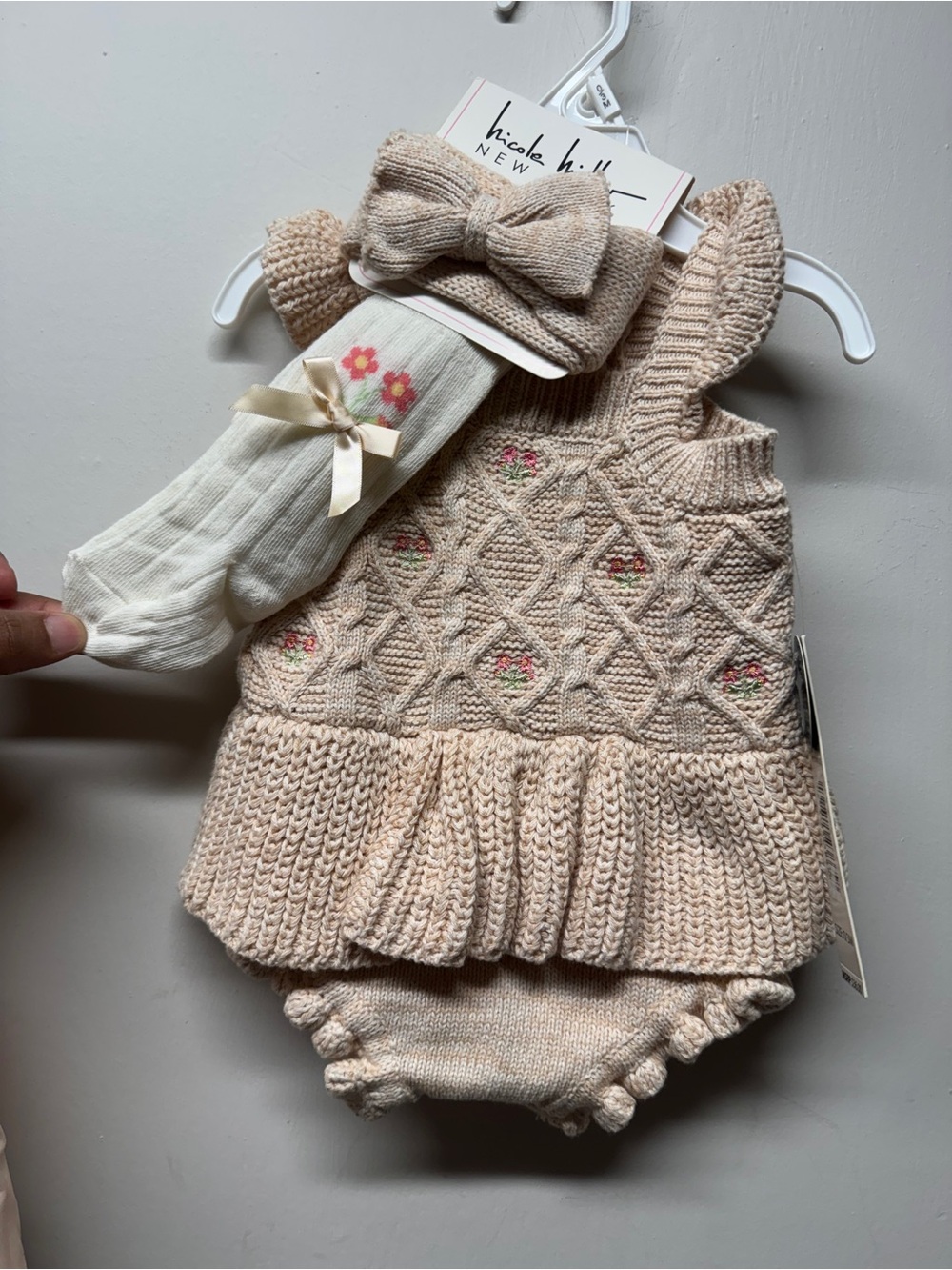 Nicole Miller Cream Knit Diaper Cover Set with Bow Headband & Floral Socks
